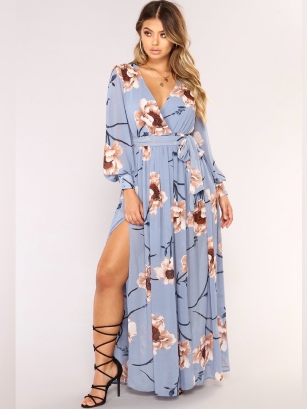 Fashion Nova Dusty Blue Floral Wrap Maxi Dress